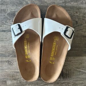 Birkenstock White Slides with Black Buckle